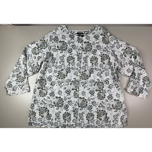 Tahari Womens Linen Tunic Top 2X Gray Black Floral Button Front Roll Tab Flowy - Picture 5 of 16
